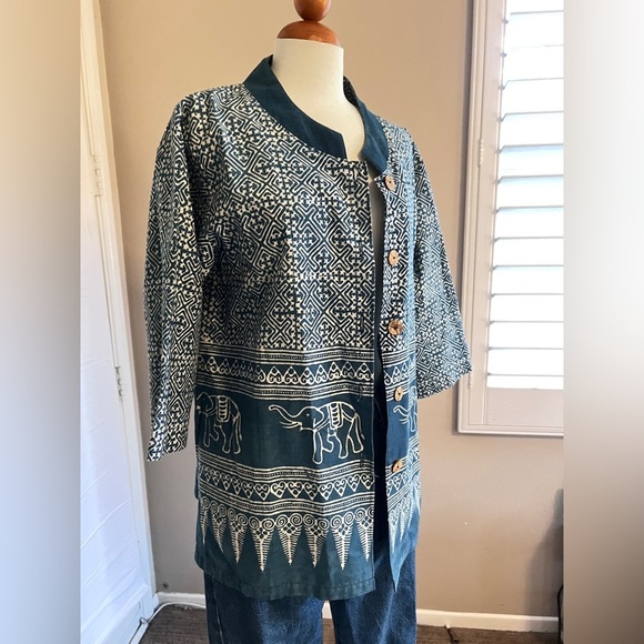 Paluang Indigo Home Elephant Print Batik Button Down Shirt - Picture 2 of 4